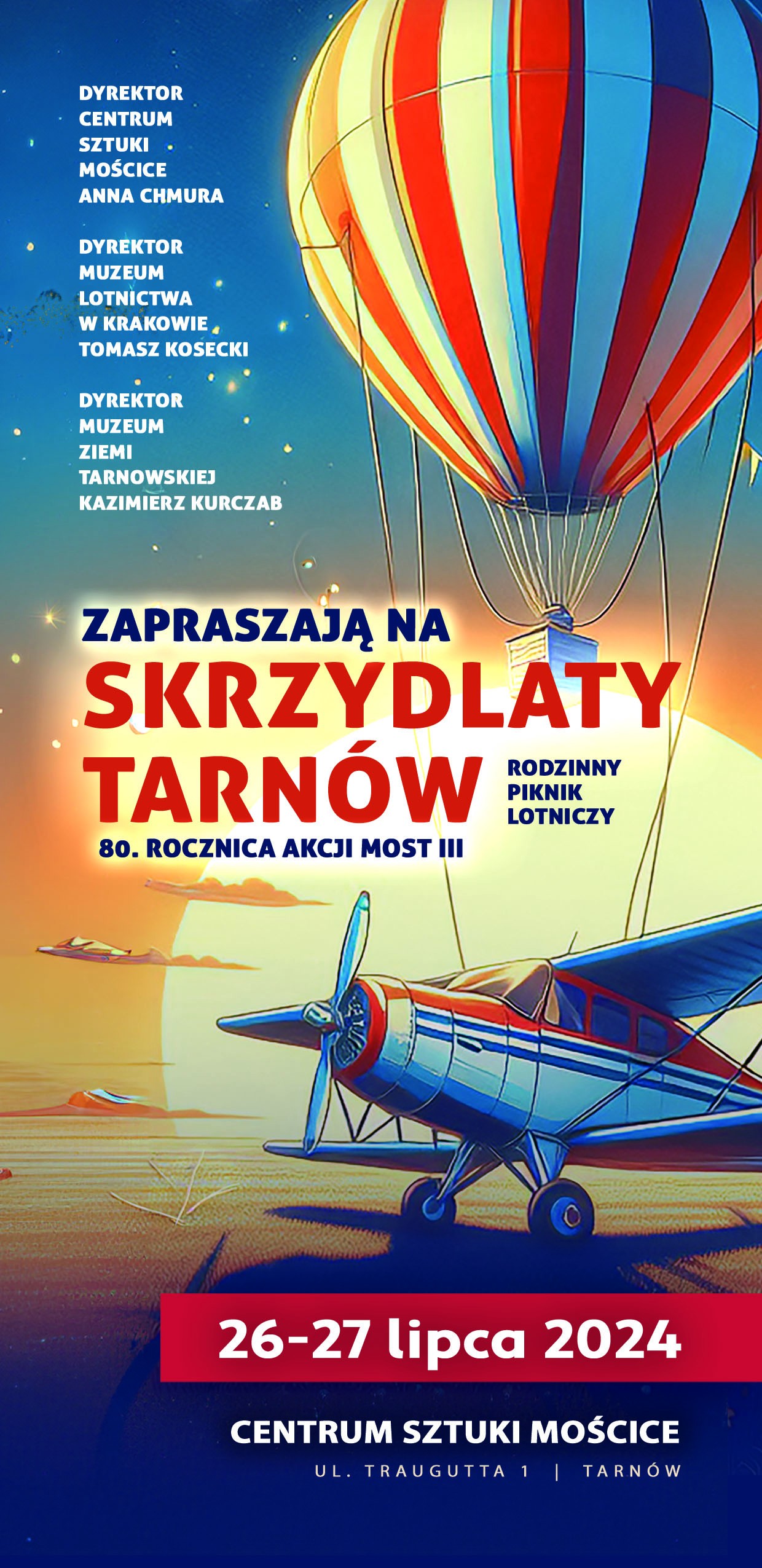 Plakat promujący wydarzenie Skrzydlaty Tarnów z grafiką samolotu
