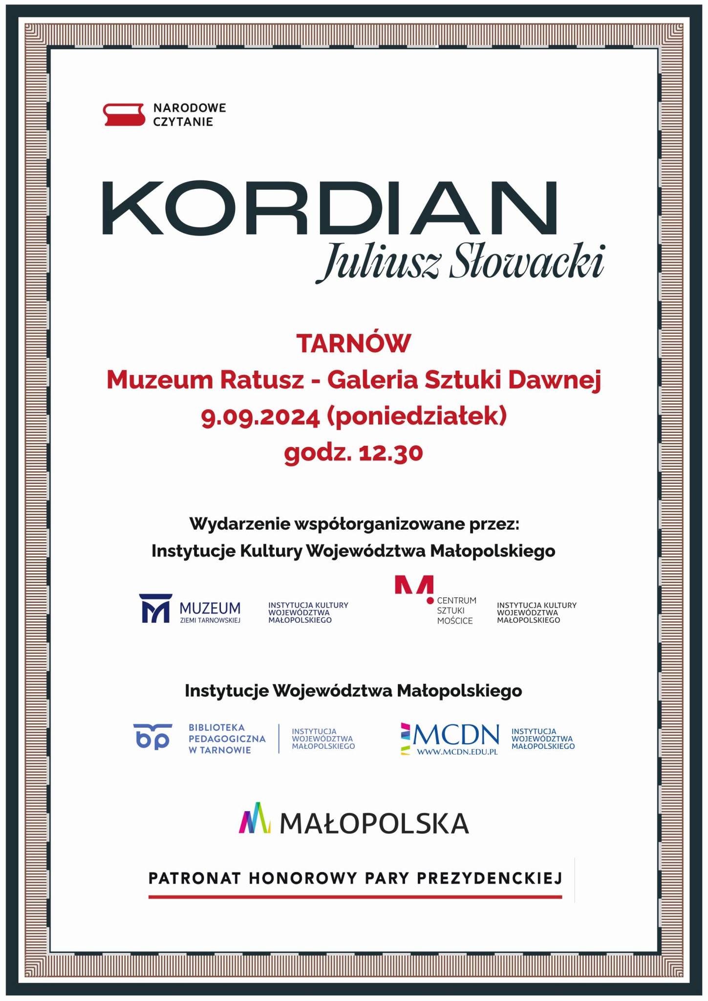 Narodowe Czytanie Kordiana – Muzeum Ratusz Galeria Sztuki Dawnej w Tarnowie