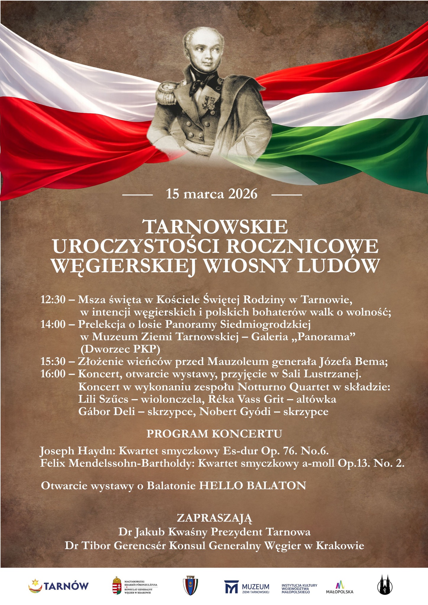 Plakat przedstawiający popiersie generała Józefa Bema na tle flag Polski i Węgier