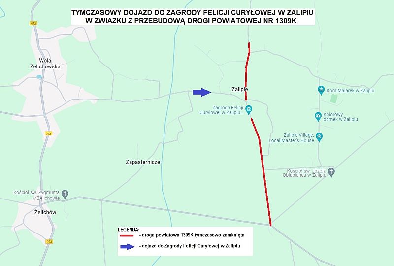 Mapa dojazdu do Zagrody Felicji Curyłowej w Zalipiu z wyznaczoną trasą objazdu