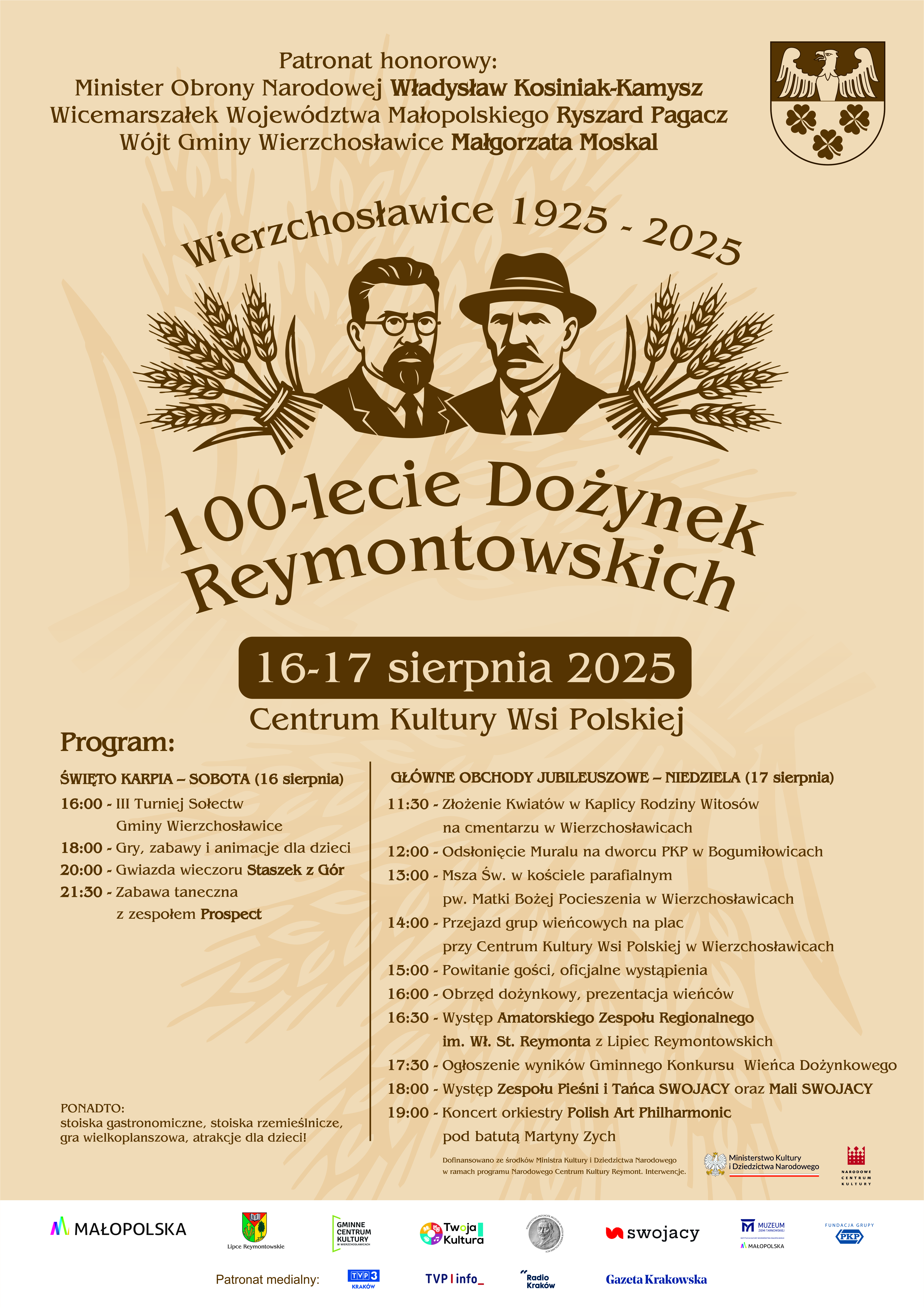 Plakat Dożynek Reymontowskich przedstawiający Wincentego Witosa i Władysława Reymonta