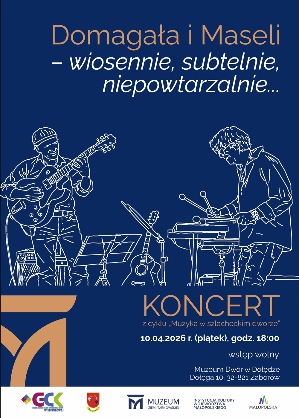 Plakat graficzny koncertu przedstawiający dwóch muzyków grających na gitarze i wibrafonie