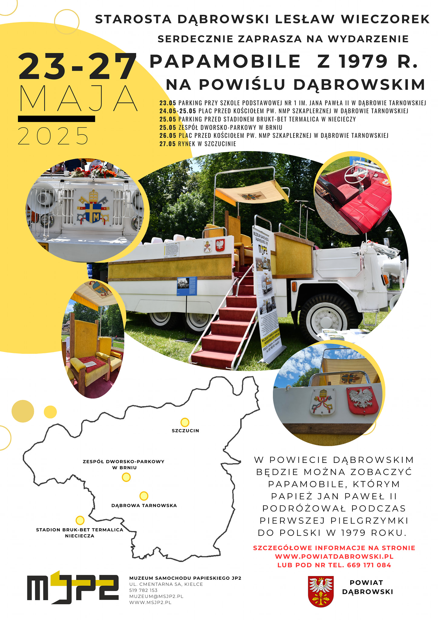 Plakat wydarzenia prezentującego papamobile JP2 w regionie dąbrowskim