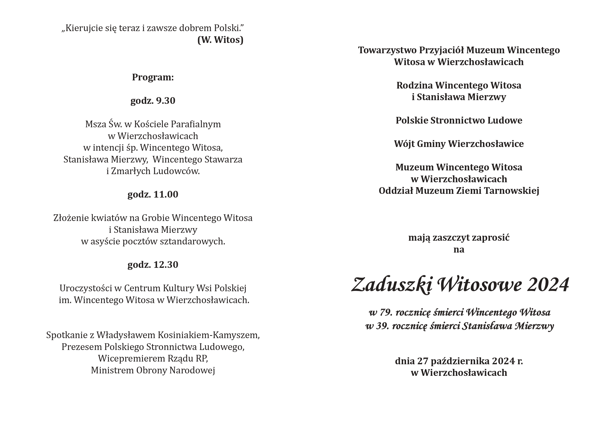 Zaduszki Witosowe – harmonogram wydarzeń