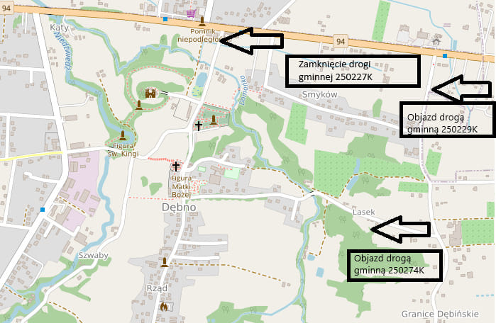 Mapa objazdów w rejonie Zamku w Dębnie