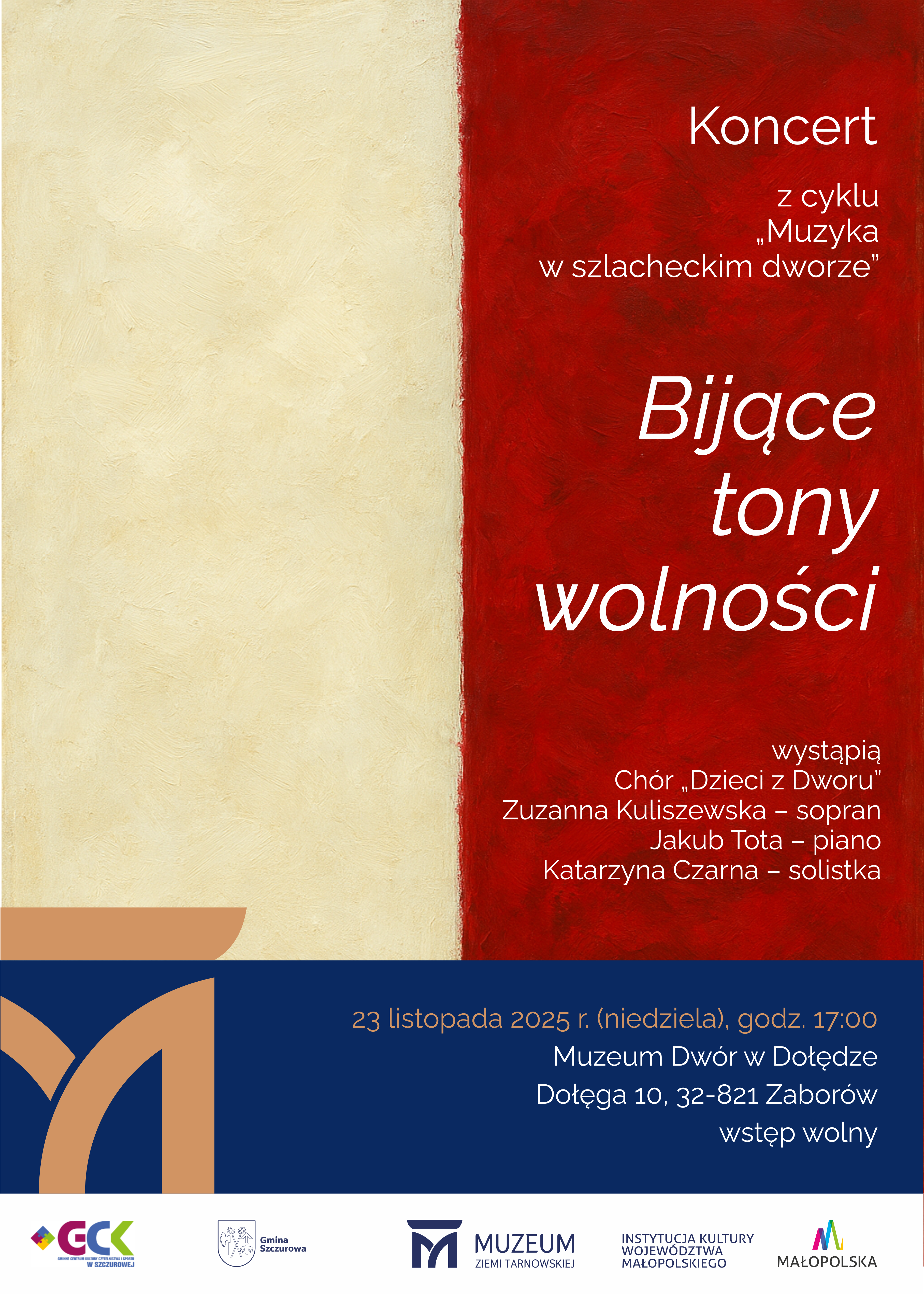 Plakat koncertu Bijące tony wolności w barwach biało-czerwonych