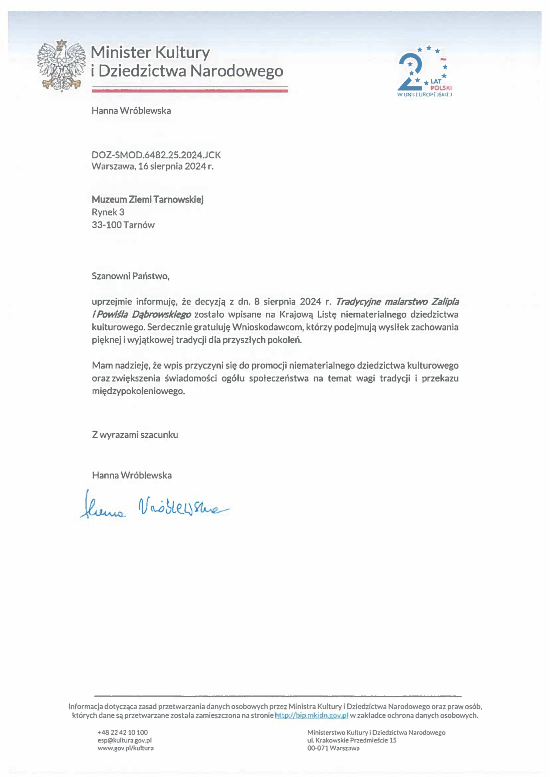 Certyfikat wpisu na Krajową Listę Niematerialnego Dziedzictwa Kulturowego