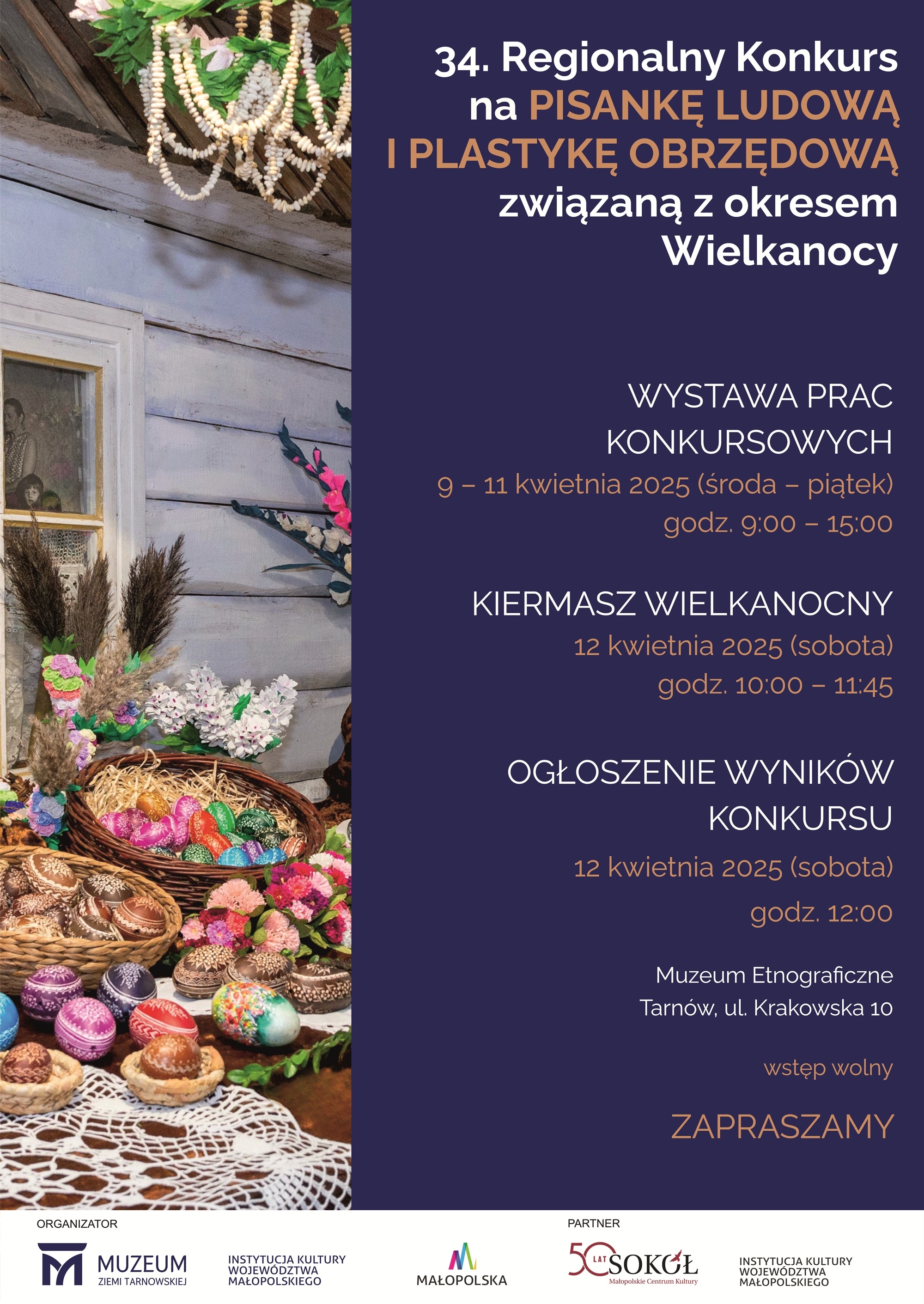 Plakat informujący o wydarzeniu ze zdjęciem pisanek, palm wielkanocnych