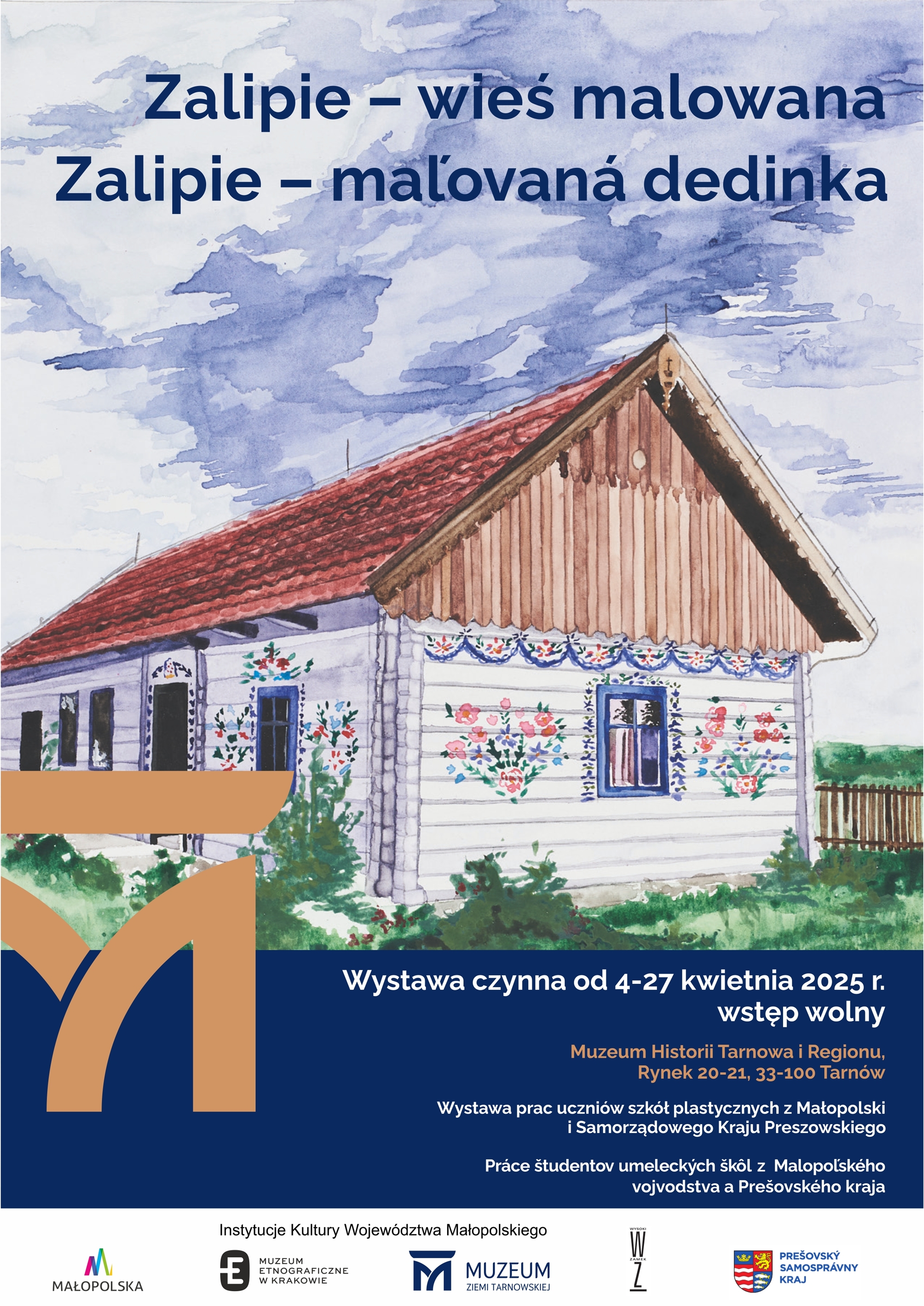 Plakat wystawy Zalipie – wieś malowana, przedstawiający tradycyjną chatę zdobioną kwiatowymi wzorami
