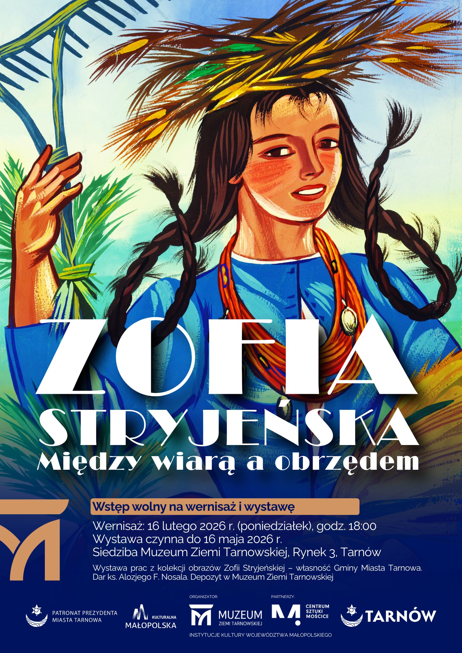 Plakat wystawy Zofii Stryjeńskiej z przedstawieniem postaci kobiecej w stylu ludowym