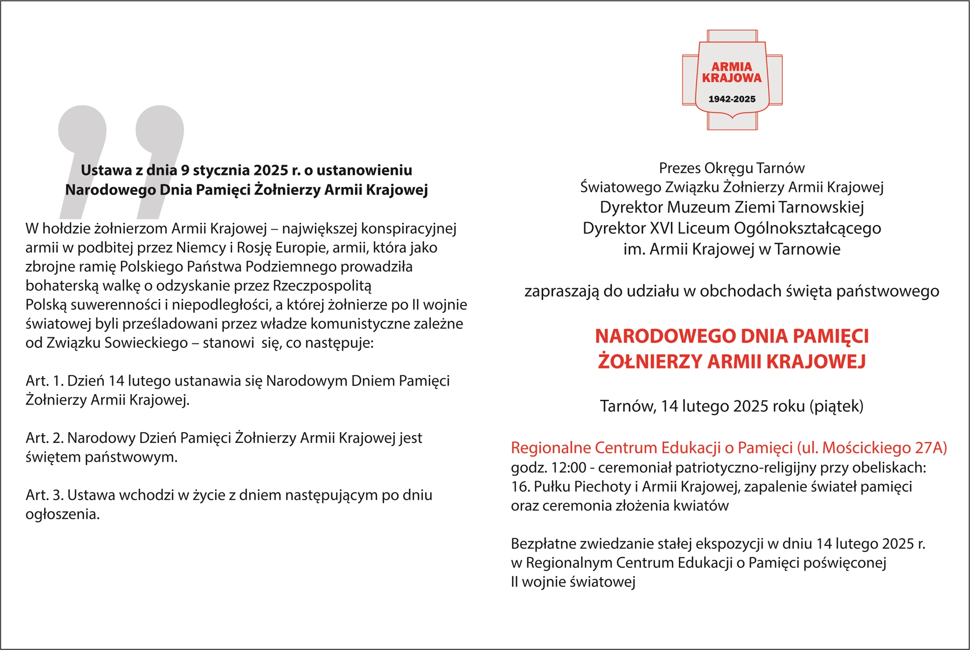 Zaproszenie na obchody Narodowego Dnia Pamięci Żołnierzy Armii Krajowej – część 2