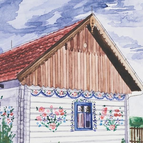 Plakat o wystawie - obraz malowanej chaty z Zalipia wykonanej akwarelą