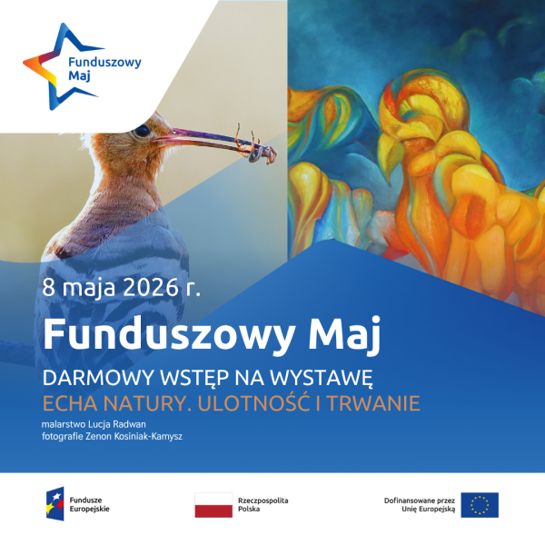 Funduszowy Maj, w tle zdjęcie ptaka dudka i namalowany żółty ptak.
