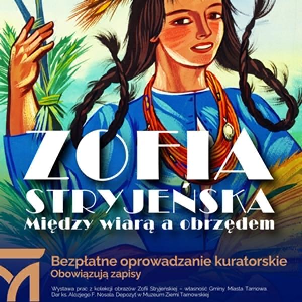 fragment plakatu z  pracą Zofii Stryjeńskiej „Żniwiarka z sierpem i grabiami”